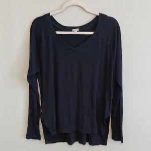 Pj Harlow Women's Navy Blue Frankie V-Neck  Ribbed Long Sleeve Top